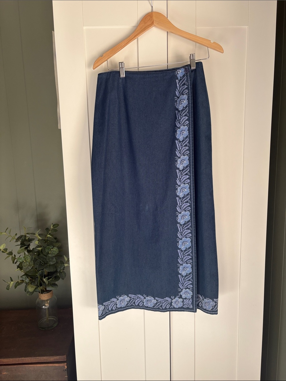 Talbots Denim Maxi/Long Wrap Skirt with Light Blue Floral Trim